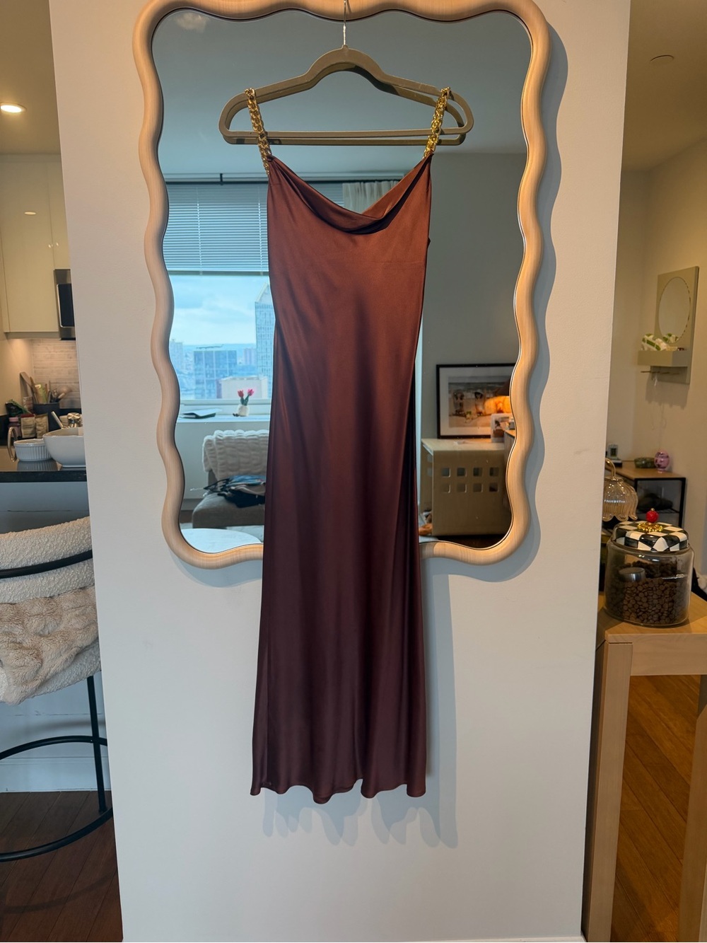 Olivia von Halle Brown Satin Cowl Slip Dress with Gold Chain Straps size XS